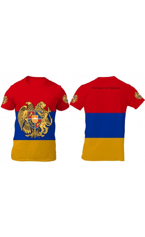 Sublimation men's t-shirt regular fit different sizes. Armenia national flag souvenir for travel gift idea.