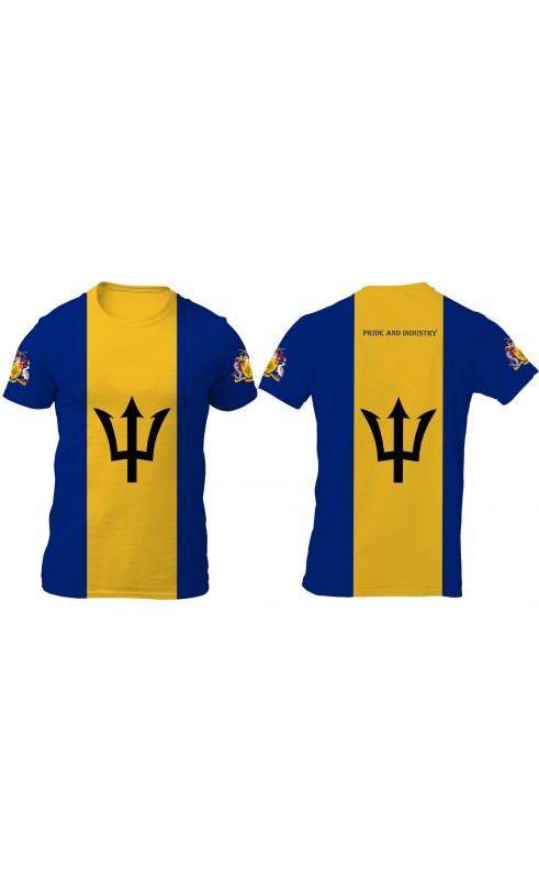 Natinal flag of Barbados t-shirt for men. Regular sizes form m to 3XL. Amfanwear, travel style souvenir and gift idea.