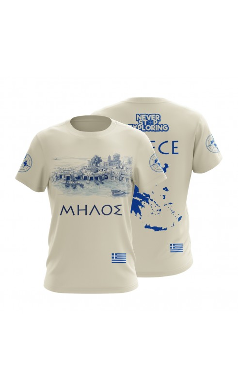 Milos Island Beach men's t-shirt. Regular fit sizes. Greek souvenir apparel. Amfanwear.