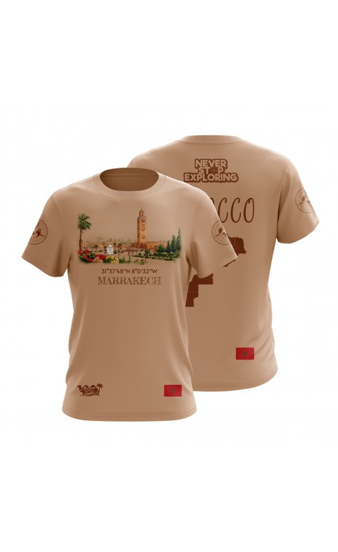 Marrakesh Morocco travel t-shirt. Regular sizes, graphic print design. Amfanwear summer tee.