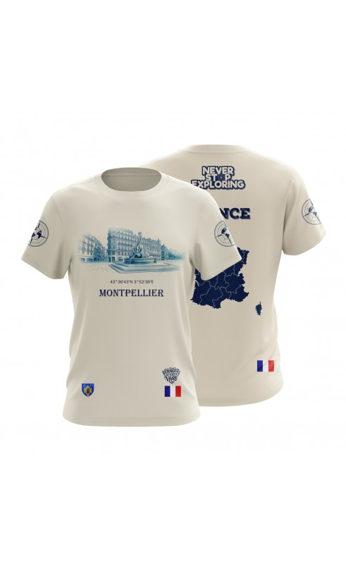 Montpellier France Travel Souvenir T-shirt  for men. Regular fit sizes. Amfanwear.