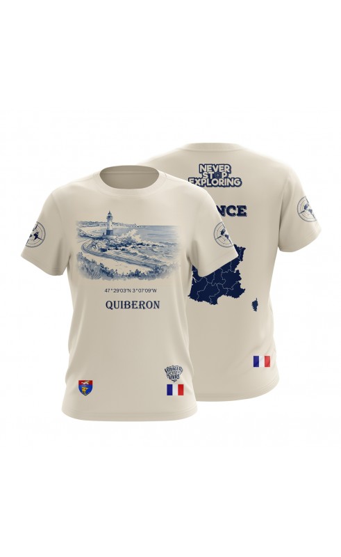 Quiberon Bretagne France Travel t-shirt. Souvenir gift idea. Regular fitting sizes. Amfanwear.