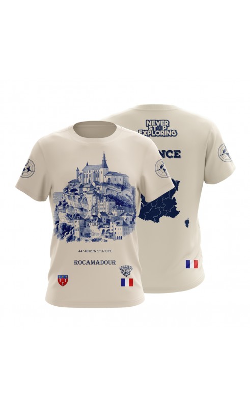 Rocamadour  travel tourist souvenit tee. Regular fit t-shirt apparel for summer SS26 SS27. Amfanwear.