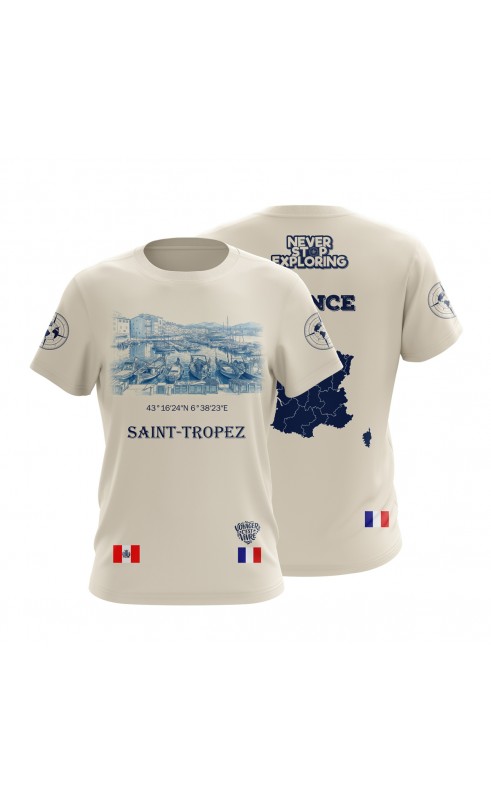 St. Tropez summer beach sea plage souvenir t-shirt. Regular fit sizing, graphic print design. Amfanwear.