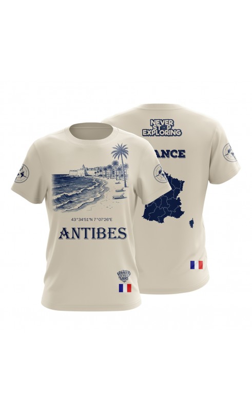 Antibes French Riviera t-shirt. Summer souvenir travel gift ide. Regular fit sizing, sublimation printed. Amfanwear.