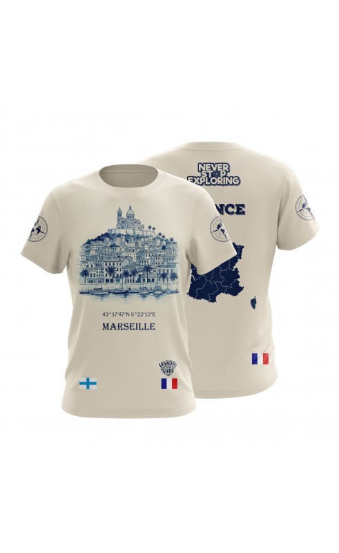 Marseille souvenir vacation t-shirt. Regular fit sizes. Graphic print summer apparel. Amfanwear.